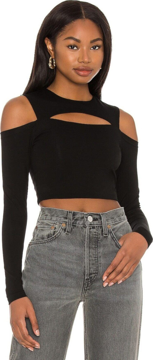 Kadın Siyah Göğüs Dekolte Ipek Jarse Crop Top