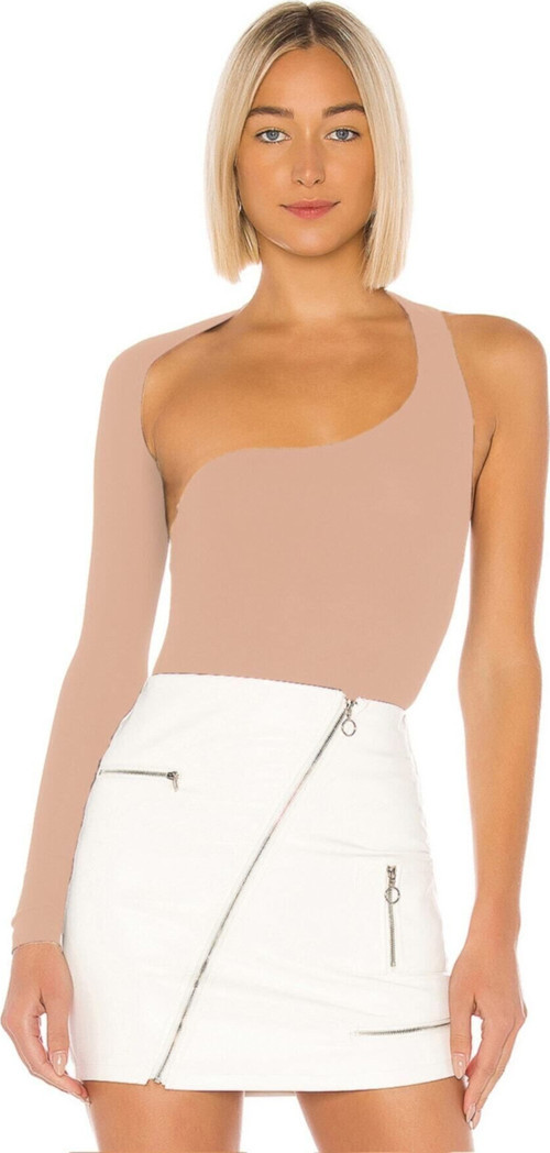 Kadın Bej Asimetrik Kesim Ipek Jarse Bodysuit