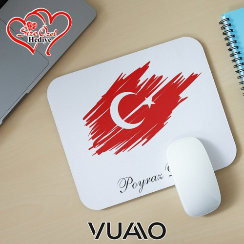 Kişiye Özel İsimli ve Türk Bayraklı Mouse Pad 21x17 cm, Kaymaz Taban - Baskılı Mousepad