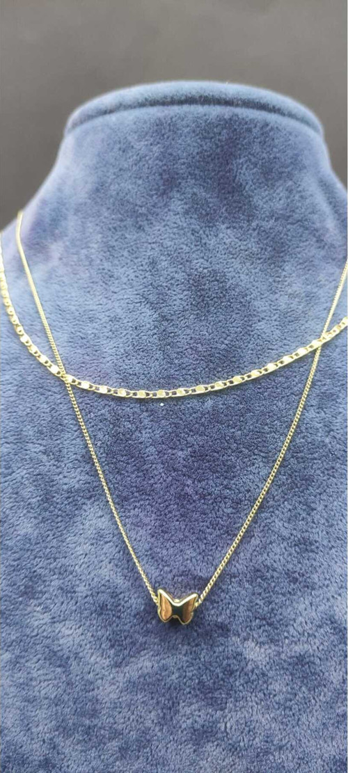 Kelebek Figürlü Gold Çift Zincirli Kolye -Altın