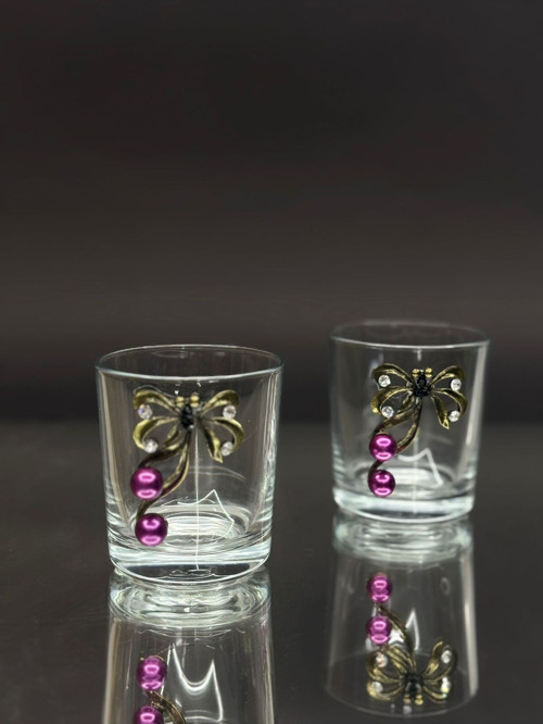 Kelebek Figürlü İnci Detaylı Cam Kahve Yanı & Meşrubat Bardak – 190 ml (2’li Set)