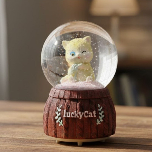 Pilli Işıklı Müzikli Kar Küresi–Şanslı Kedi Figürlü Eğlenceli Masaüstü Biblo,