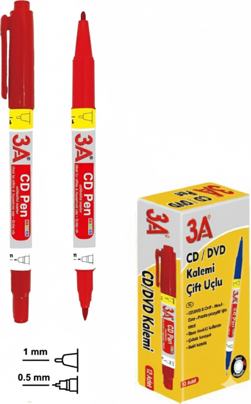 Permanent Kalıcı Marker Kalemi Çift Uçlu 0.5 mm ve 1 mm Kırmızı 3 Adet
