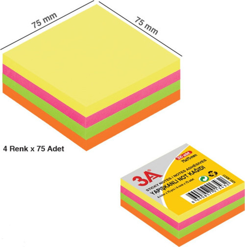Yapışkanlı Not Kağıdı Küp 75x75 mm 4 Renk x 75 Adet