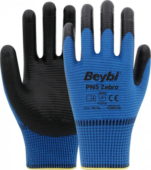 PN5 Zebra Polyester Örme Nitril Eldiven Mavi - 5 Çift