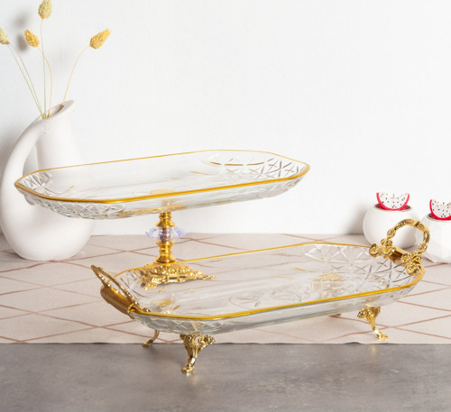2 li Paşabahçe Kristal Metal Ayaklı Yaldızlı Kare Pasta Sunumluk Kurabiyelik