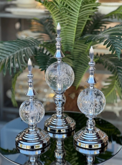 Lüks Gümüş Kristal Küre Alem 3’lü Dekoratif Obje Seti