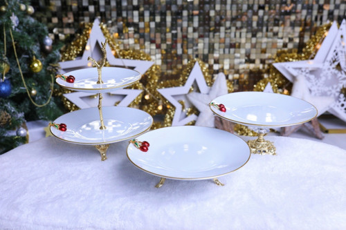 3 Parça Metal Ayaklı Porselen Pasta Sunumluk Kurabiyelik Şekerlik Set