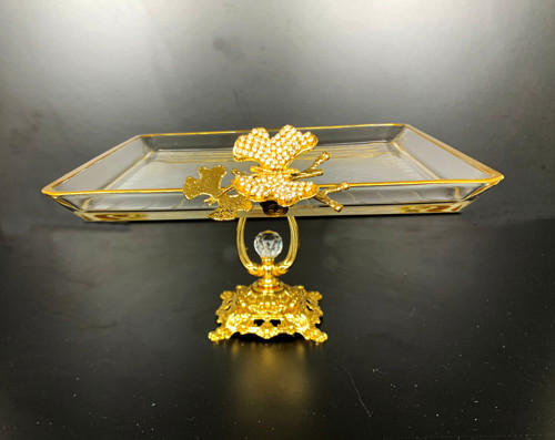 Paşabahçe Kristal Metal Ayaklı Yaldızlı Kare Pasta Sunumluk | Özel Desenli Servis Standı