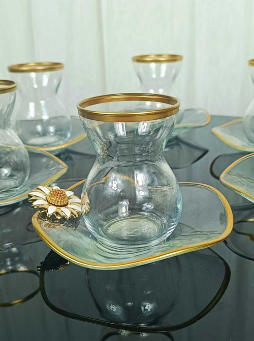 Lüx 6 Kişilik 12 Parça Papatya Gold Yaldızlı Çay Seti