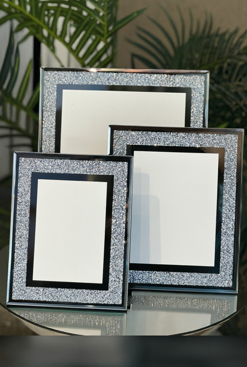 Lüks Gümüş Taşlı Cam Fotoğraf Çerçevesi 3’lü Set (10x15 – 13x18 – 20x25 cm)
