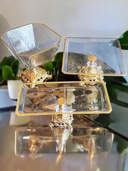 3 Parça Gold Pasta Sunumluk Kurabiyelik Seti