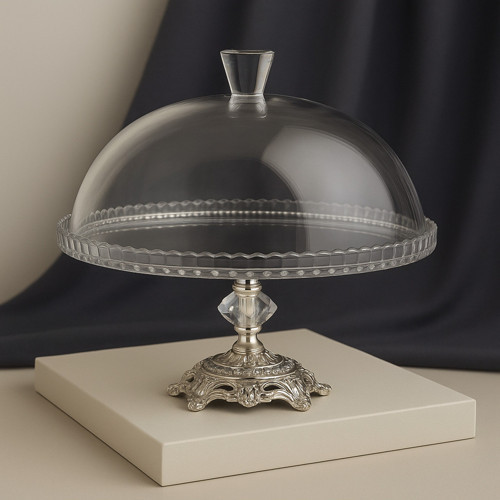 Gümüş Metal Ayaklı Cam Kapaklı Kek - Pasta Stantı Fanus 95198