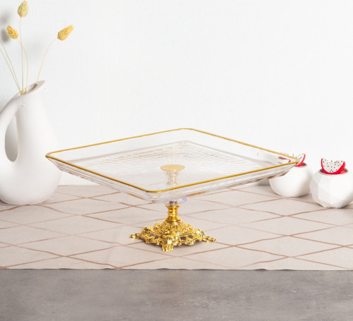 Paşabahçe Kristal Metal Ayaklı Yaldızlı Kare Pasta Sunumluk Yılbaşı Özel