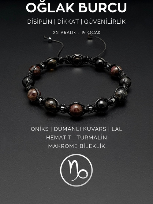 El Yapımı Oğlak Burcu Makrome Bileklik – Oniks, Dumanlı Kuvars, Lal, Hematit ve Turmalin Taşlı