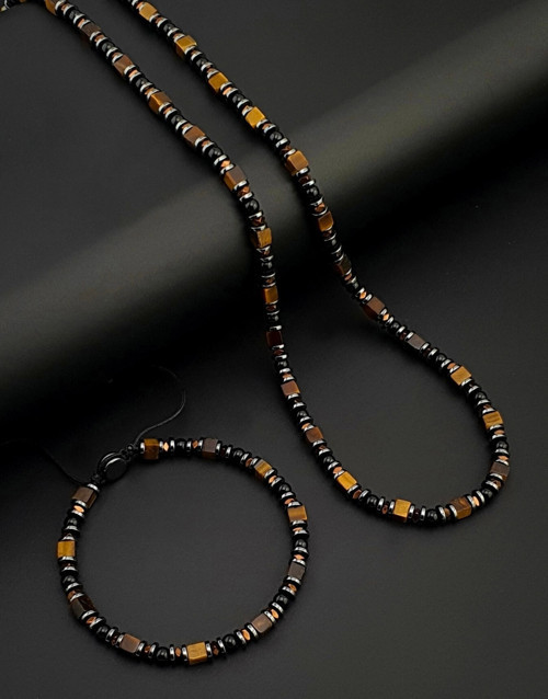 Doğal Taş Kolye, Küp Kaplan Gözü, Akik Taşı ve Hematit Taşı Kolye & Bileklik Set