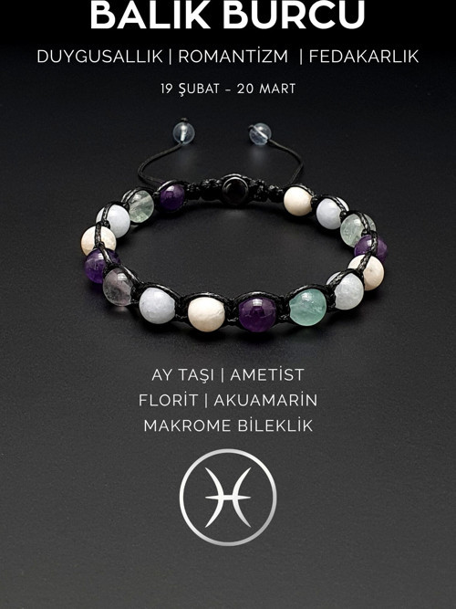 Doğal Taş Bileklik, Balık Burcu, Ay Taşı, Ametist, Akuamarin, Florit Taşı Makrome Bileklik Ayarlanab