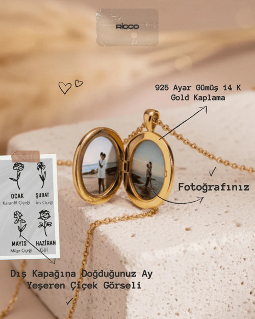 14 K Gold Kaplama 925 Ayar Gümüş Kişiye Özel Oval Kapaklı Kolye