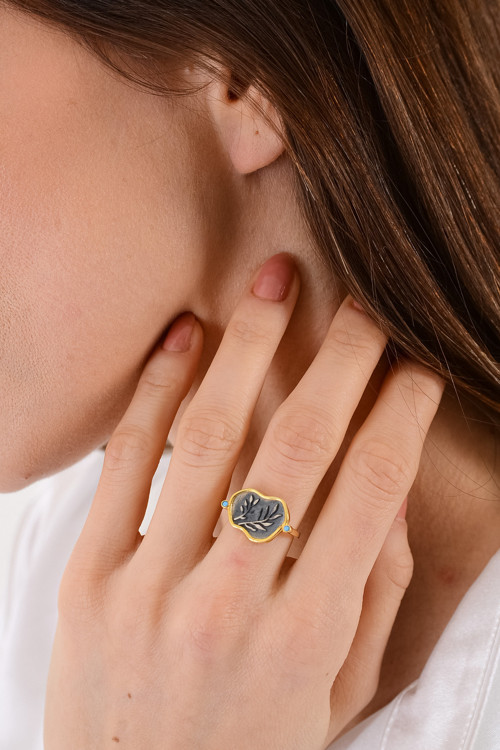 14 K Gold Kaplama 925 Ayar Gümüş Antik Zeytin Yaprağı Yüzük