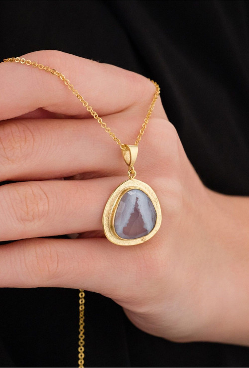 14 K Gold Kaplama 925 Ayar Gümüş Ultra Temiz Doğal Kalsedon Kolye