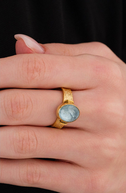 14 K Gold Kaplama 925 Ayar Gümüş Naturel Aquamarine Yüzük