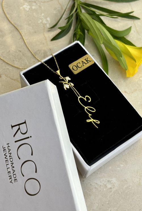 14 K Gold Kaplama 925 Ayar Gümüş Doğduğun Ay Yeşeren Çiçekli İsim Kolye