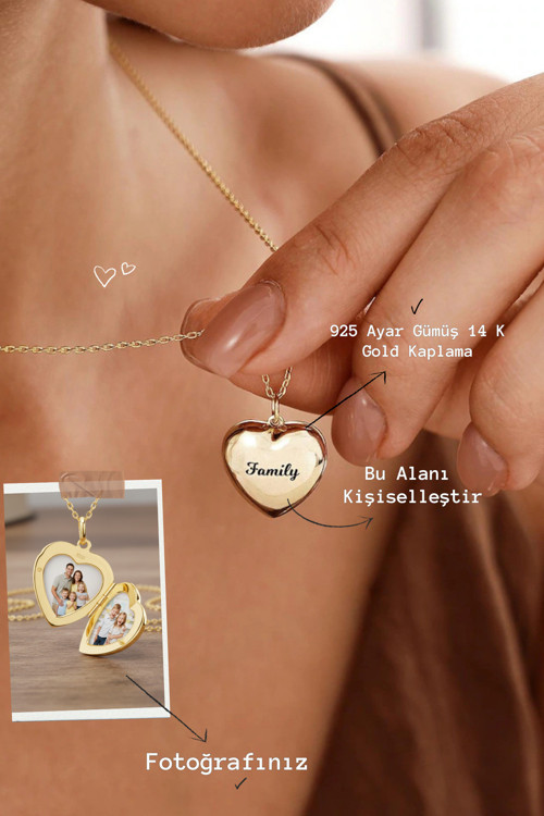 14 K Gold Kaplama 925 Ayar Gümüş Kişiye Özel Kalp Kapaklı Fotoğraflı Kolye