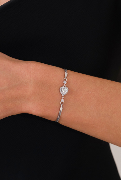 14 K White Gold Kaplama 925 Ayar Gümüş Kalp Bileklik