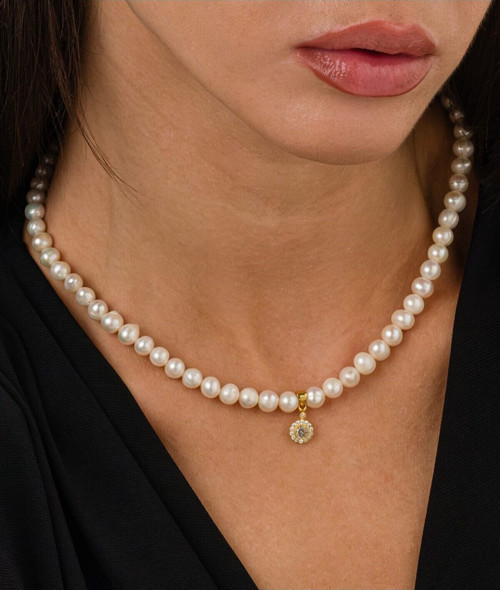 14 K Gold Kaplama 925 Ayar Gümüş Choker Doğal Inci Kolye