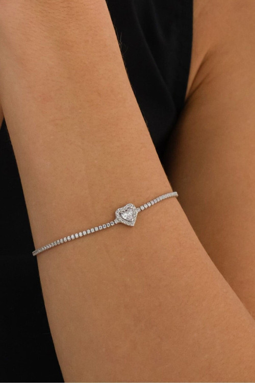14 K White Gold Kaplama 925 Ayar Gümüş Pırlanta Montür Kalp Bileklik