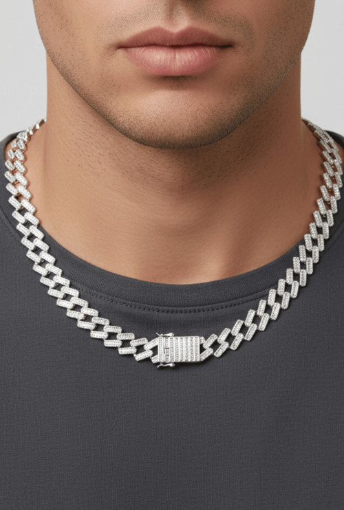 14 K White Gold Kaplama 925 Ayar Gümüş Miami Cuban Choker Kolye