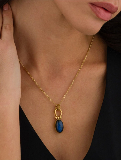 14 K Gold Kaplama 925 Ayar Gümüş Doğal Labradorite Kolye