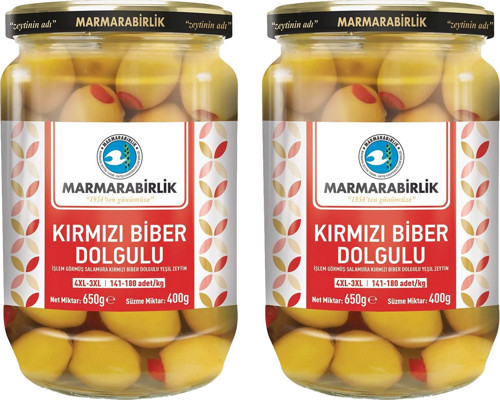 Yeşil Kırmızı Biber Dolgulu Zeytin 400 gr Cam 4XL-3XL x 2 Adet