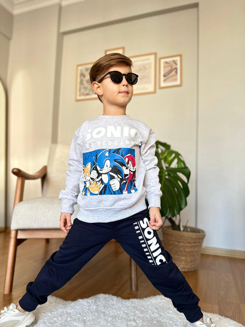 Yeni Sezon Sonic Desenli Gri Renk Erkek Çocuk Eşofman Takım
