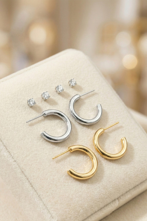 Gold Ve Silver Çift Halka Küpeler Ve 4 Adet Zirkon Taşlı Küpe