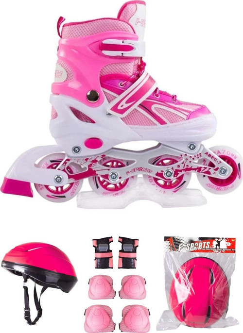 Pembe Çift Sıra Ayarlanabilir Alıştırma Pateni Kask Dizlik Seti 30-33