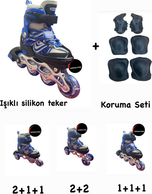 Işıklı Çocuk Pateni Ayarlanılabilir Alıştırma Silikon Tekerli Frenli Metal Gövdeli Paten Dizlik Set 38-41
