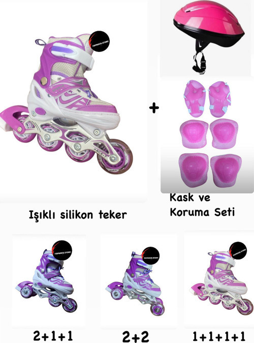 Işıklı Çocuk Pateni Ayarlanılabilir Silikon Tekerli Frenli Metal Gövdeli Paten ve Kask Dizlik Set 38-41