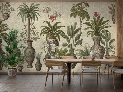 Bej ve Yeşil Tropikal Ağaçlar Duvar Kağıdı, Doğa Manzarası - Oturma Odası ve Yatak Odası