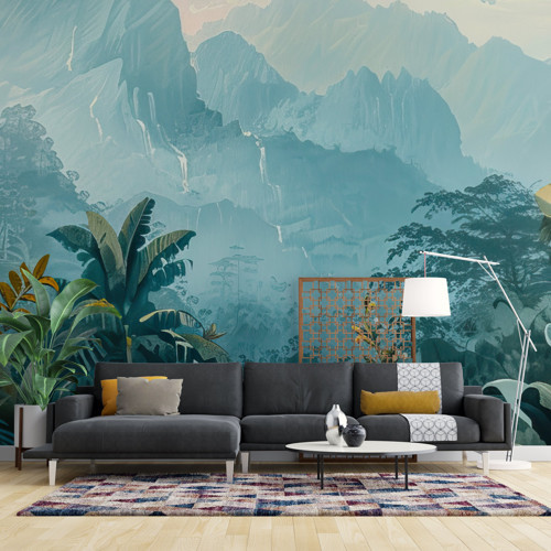 Mavi Tropikal Vadi Duvar Kağıdı, Doğa Manzarası - Oturma Odası ve Yatak Odası
