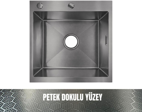 SAGAX 50x50 Antrasit Petek Dokulu Çift Delikli Mutfak Eviyesi 304 Paslanmaz Çelik 1mm