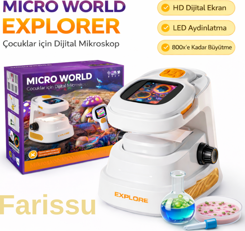 Çocuklar İçin Dijital Mikroskop 1000X | HD Ekranlı, LED Işıklı, Type-C Şarjlı Eğitim Seti