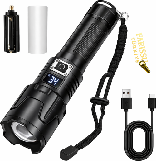 Dijital Göstergeli Zoomlu Şarjlı El Feneri 35W 4500 Lümen 26650 Pil 5000 mAh