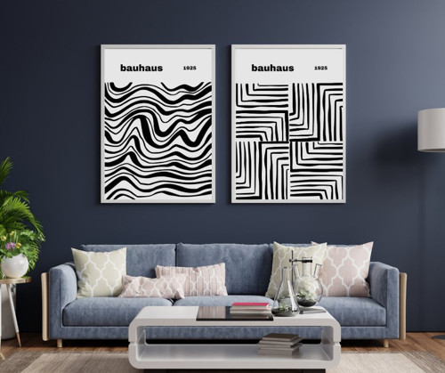 Bauhaus Siyah Çizgiler Duvar Tablosu Çerçeveli 2'li Set Beyaz Renk 35 x 50 Boyut/Ebat