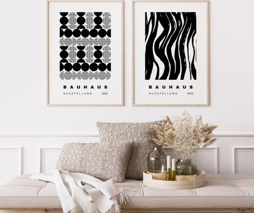 Siyah Beyaz Şekiller Duvar Tablosu Çerçeveli 2'li Set Ahşap Renk 35 x 50 Boyut/Ebat