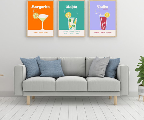 Renkli Kokteyler Duvar Tablosu Çerçeveli 3'lü Set Ahşap Renk 30 x 42 Boyut/Ebat