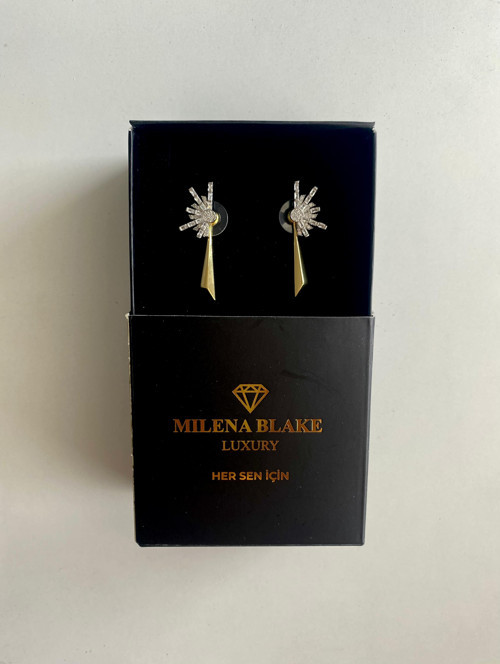 milena blake Taşlı Gold Küpe , Zirkon Taşlı Altın Renk Sallantılı Güneş Figürlü Kadın Küpe