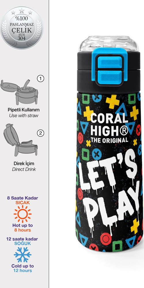 Kids Siyah Lets Play Desenli Pipetli ve Direkt İçim Çelik Termos 500 ml 38114