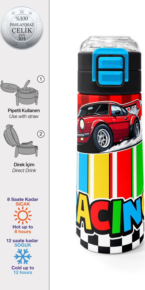 Kids Kırmızı Araba Desenli Pipetli ve Direkt İçim Çelik Termos 500 ml 38139