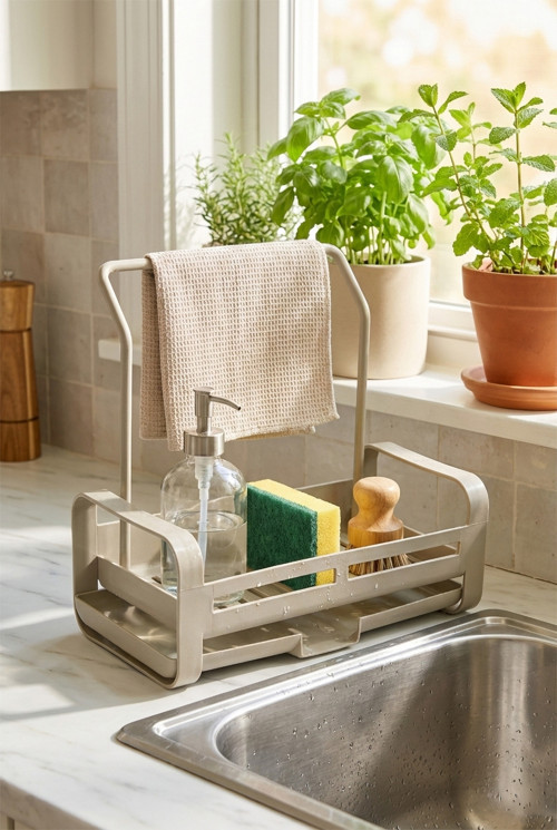 Sabunluk ve Havluluk Lavabo Mutfak Seti Askılı Evye Yanı Düzenleyici Süngerlik Hazneli Organizer